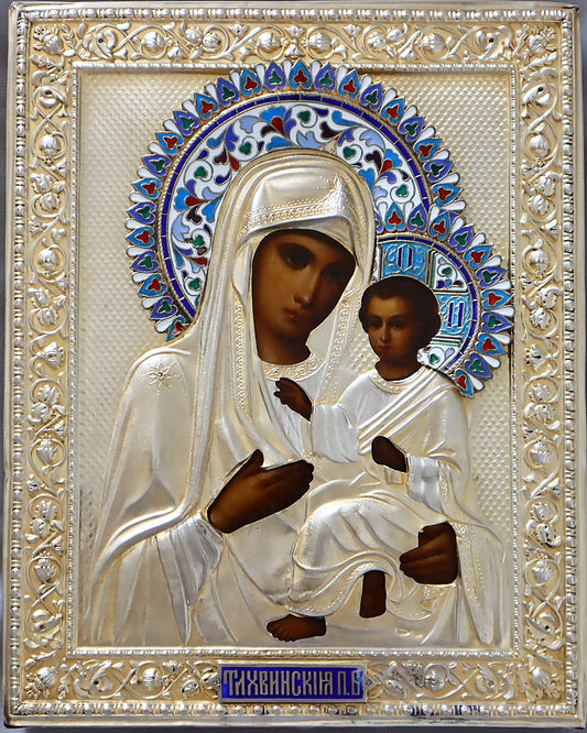 Antiques, Orthodox, Russian icon:The Mother Of God Of Tikhvin With A Silver-Gilt And Cloisonne Enamel Oklad | 5419 |