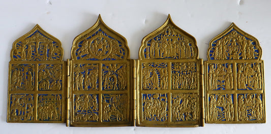 5449 | Antiques, Orthodox, Russian Bronze icon: QUADIPTYCH with enamel.