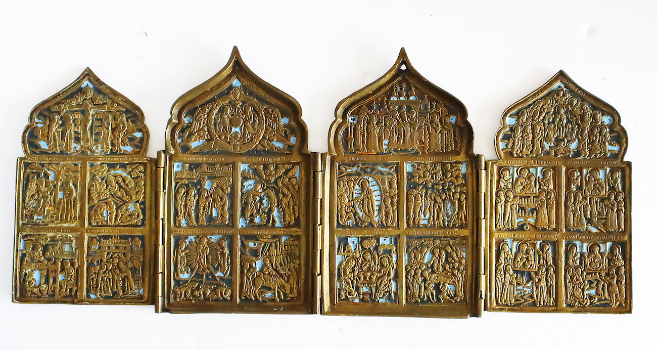 5458 | Antiques, Orthodox, Russian Bronze icon: QUADIPTYCH with enamel.