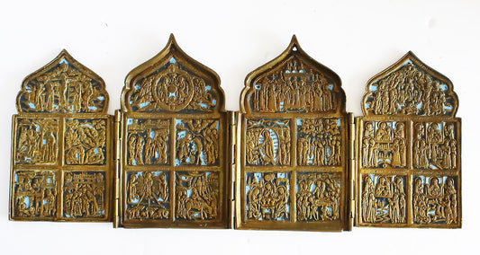 Antiques, Orthodox, Russian Bronze icon: QUADIPTYCH with enamel. | 5458 |