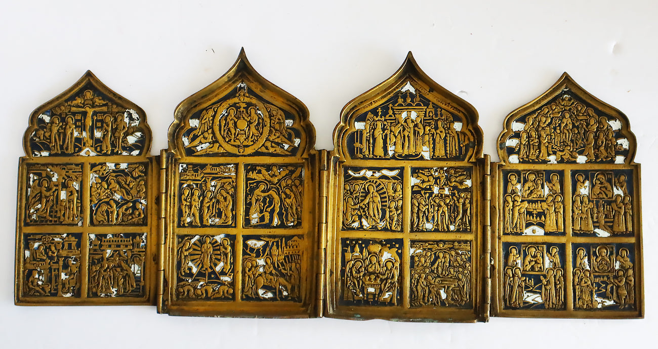 5479 | Antiques, Orthodox, Russian Bronze icon: QUADIPTYCH with enamel.