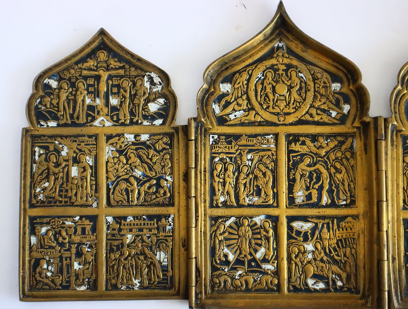 5479 | Antiques, Orthodox, Russian Bronze icon: QUADIPTYCH with enamel.