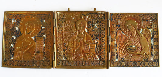 5491 | Antiques, Orthodox, Russian Bronze icon: Triptich Diesis with enamel.