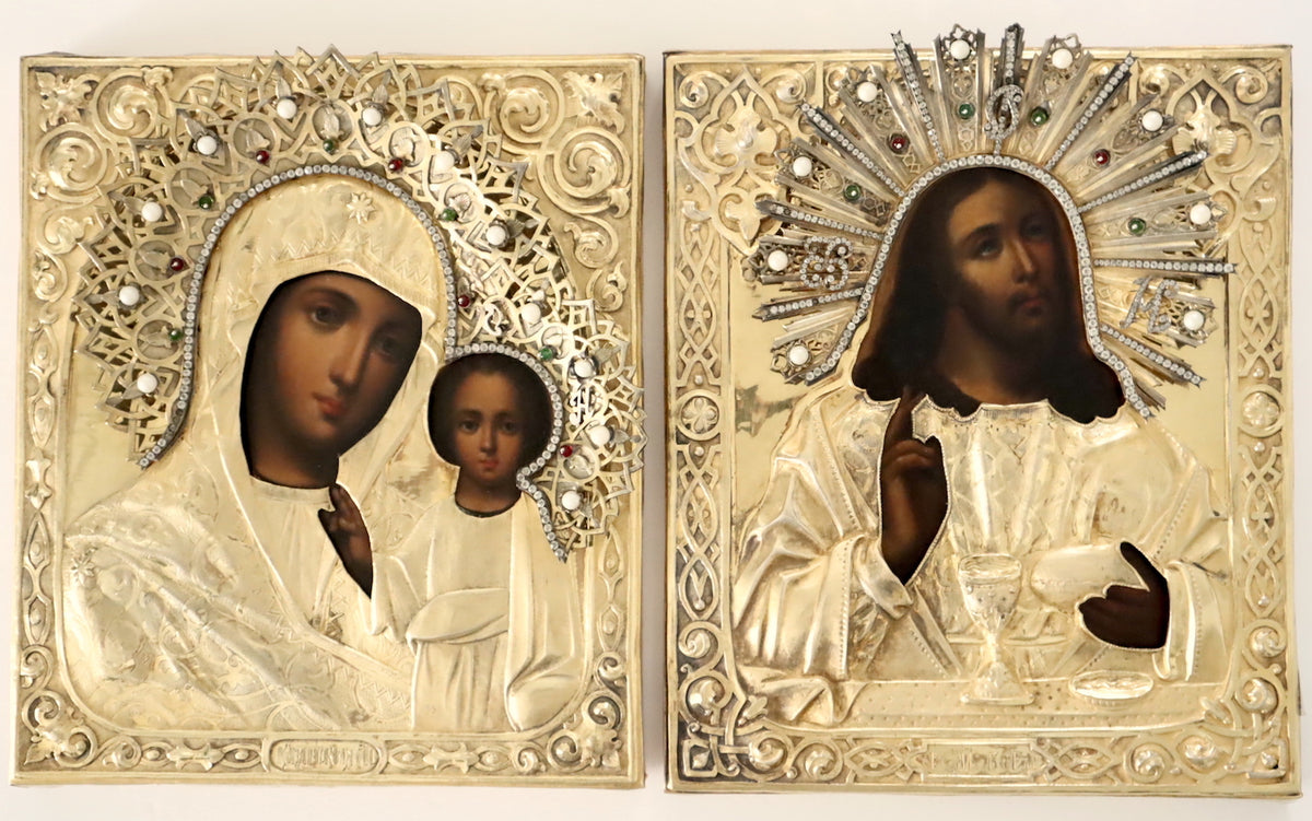 Antiques, Orthodox, Russian icon: Wedding Pair: KAZAN MOTHER OF GOD AND JESUS CHRIST WITH SILVER AND GOLD EDGE (oklad) | 5530 |