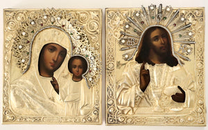 Antiques, Orthodox, Russian icon: Wedding Pair: KAZAN MOTHER OF GOD AND JESUS CHRIST WITH SILVER AND GOLD EDGE (oklad) | 5530 |