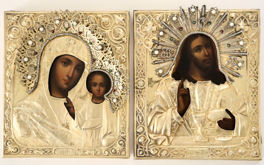 Antiques, Orthodox, Russian icon: Wedding Pair: KAZAN MOTHER OF GOD AND JESUS CHRIST WITH SILVER AND GOLD EDGE (oklad) | 5530 |