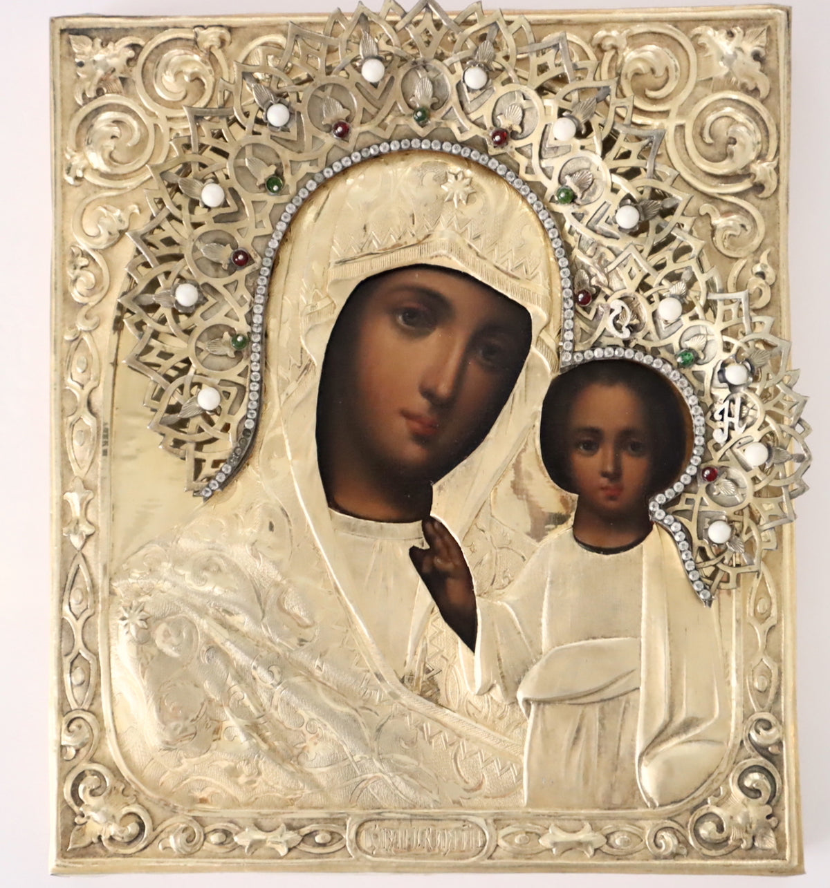 Antiques, Orthodox, Russian icon: Wedding Pair: KAZAN MOTHER OF GOD AND JESUS CHRIST WITH SILVER AND GOLD EDGE (oklad) | 5530 |