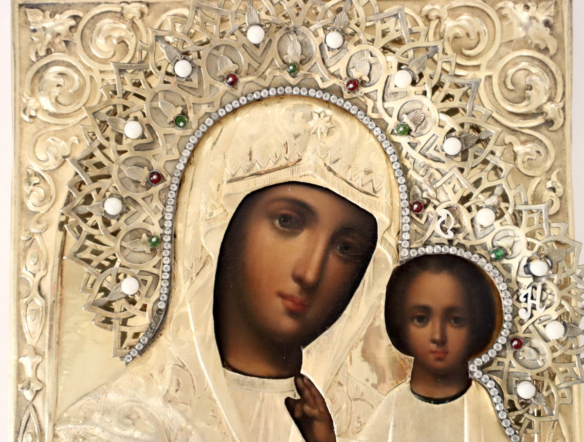 Antiques, Orthodox, Russian icon: Wedding Pair: KAZAN MOTHER OF GOD AND JESUS CHRIST WITH SILVER AND GOLD EDGE (oklad) | 5530 |