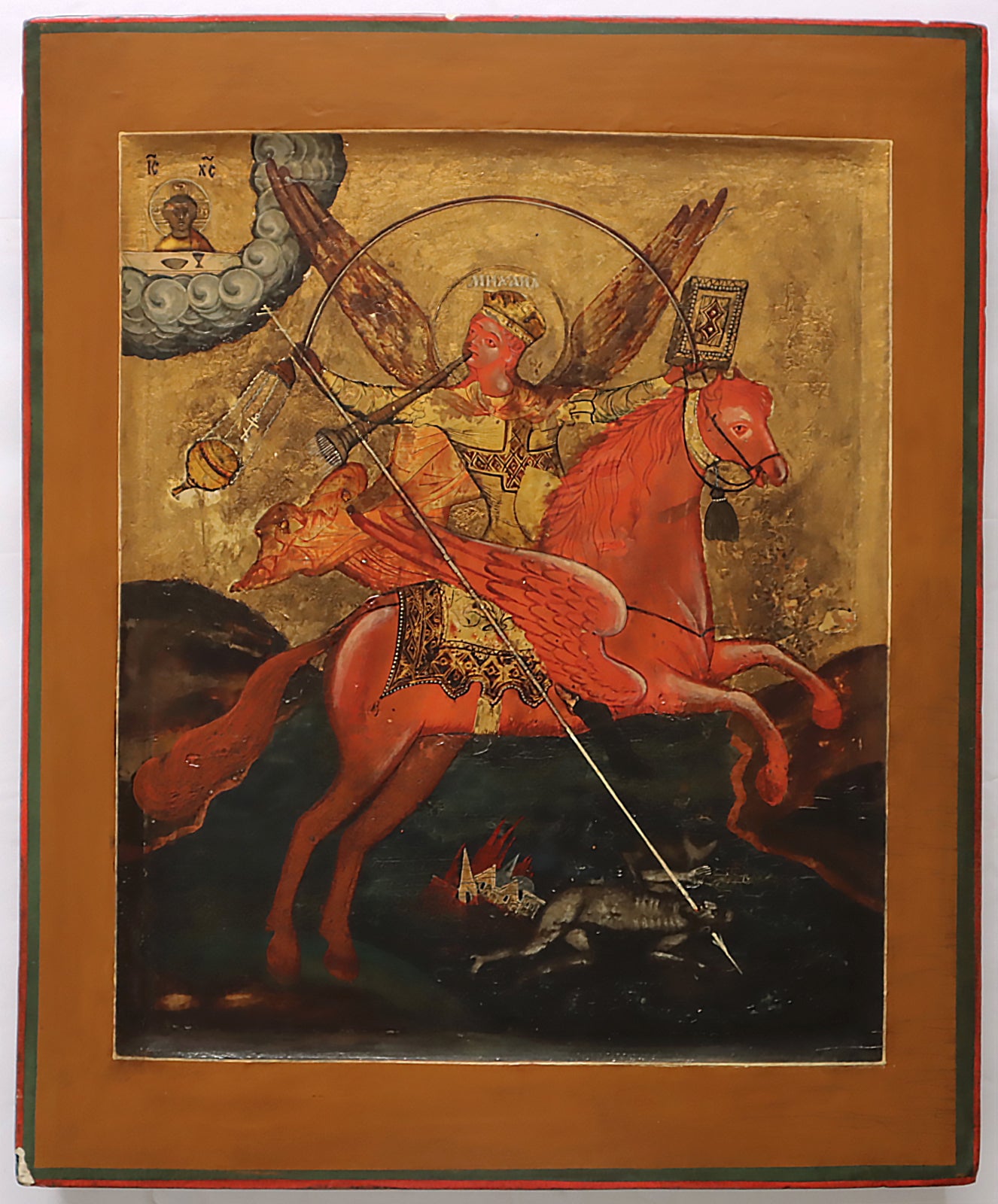 ANTIQUE 1800 RUSSIAN PAINTED ICON: ST. MICHAEL AS HORSEMAN OF THE APOCALYPSE | 5532 |