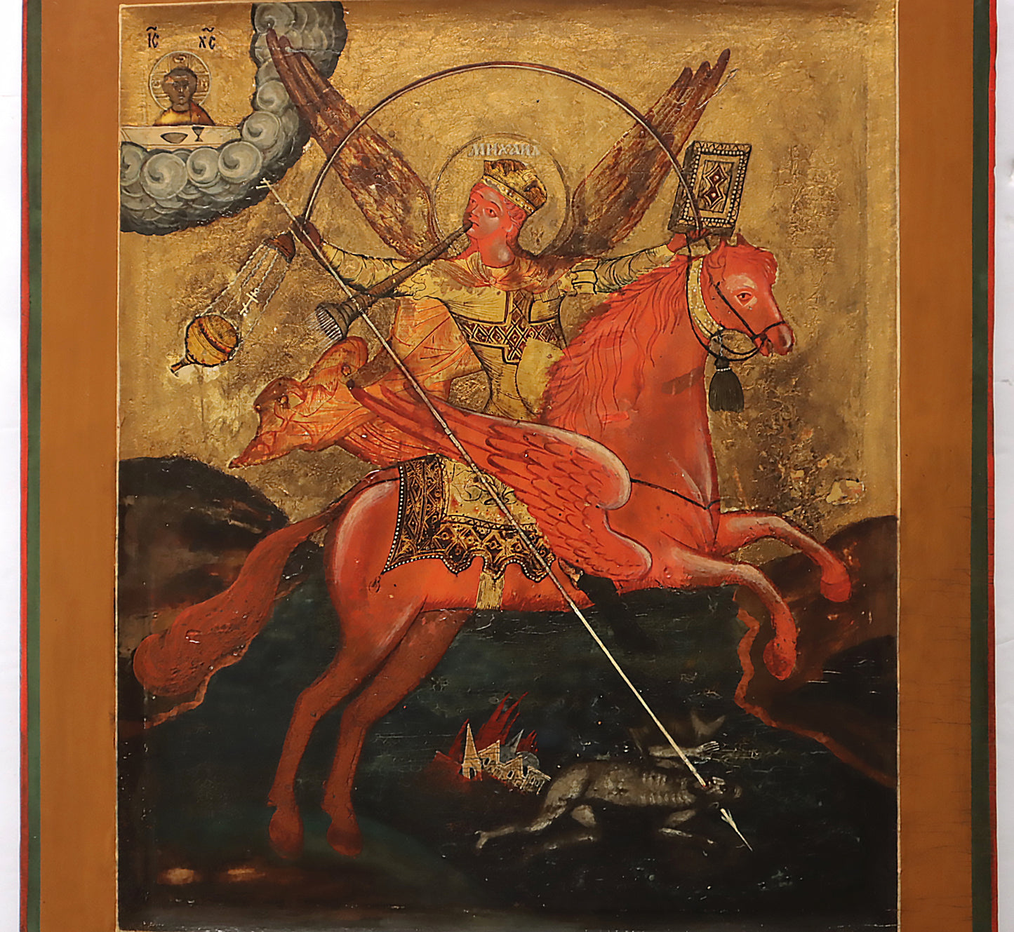 ANTIQUE 1800 RUSSIAN PAINTED ICON: ST. MICHAEL AS HORSEMAN OF THE APOCALYPSE | 5532 |