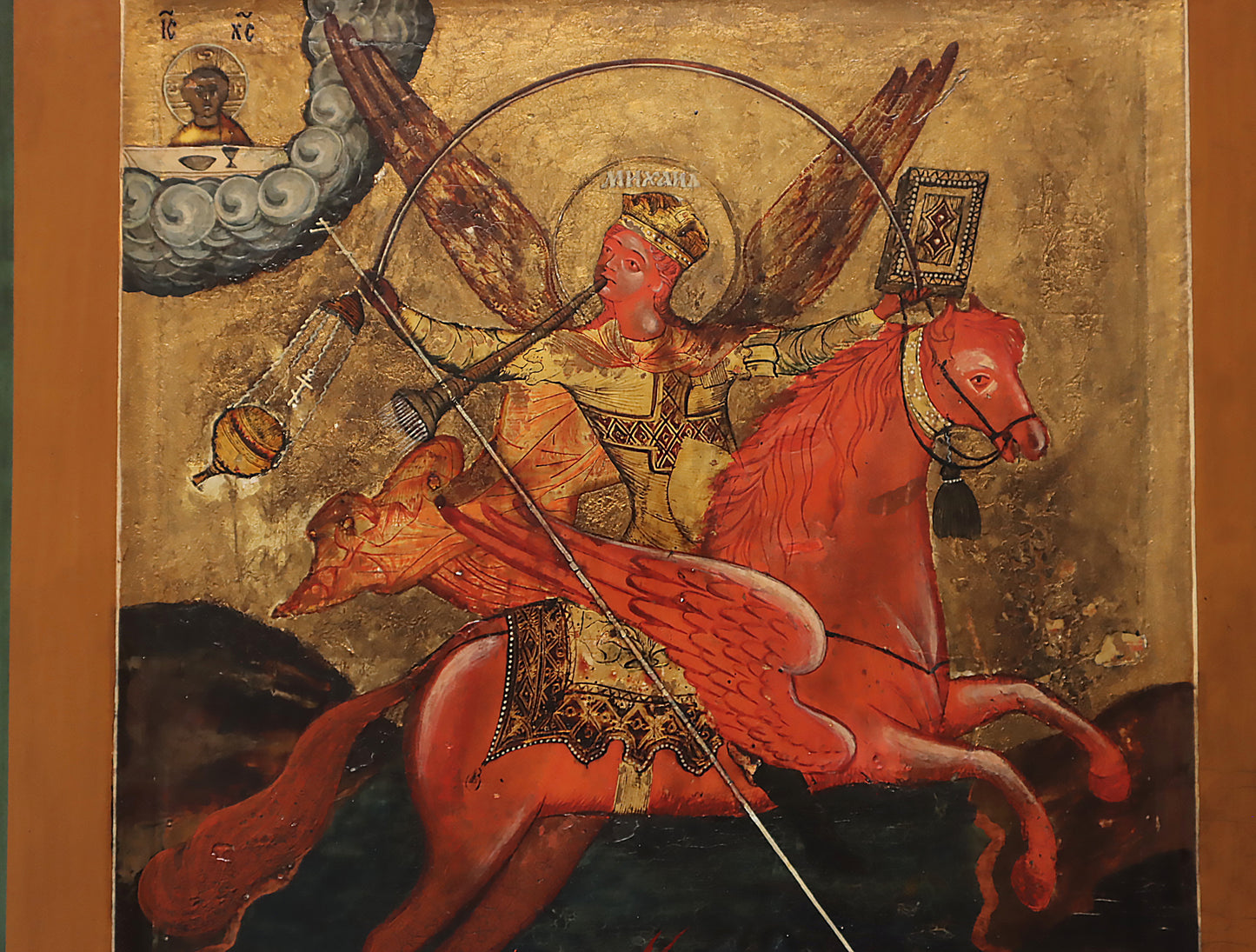 ANTIQUE 1800 RUSSIAN PAINTED ICON: ST. MICHAEL AS HORSEMAN OF THE APOCALYPSE | 5532 |