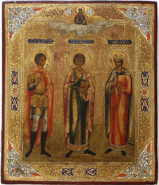 ANTIQUE 19c RUSSIAN PAINTED ICON: STS. GEORGE, PANTELEIMON AND BARBARA | 5542 |