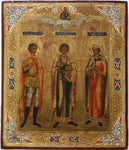 5542 | Antiques, Orthodox, Russian icon: STS. GEORGE, PANTELEIMON AND BARBARA