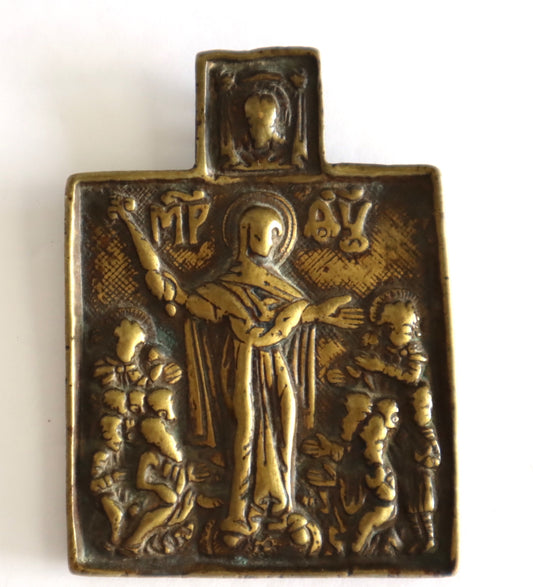 5587 | Antiques, Orthodox, Russian Bronze icon:Mother of God.