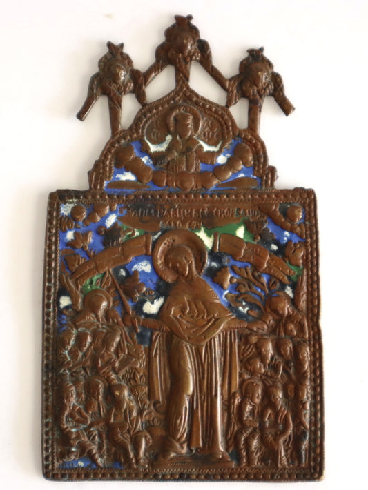 5590 | Antiques, Orthodox, Russian Bronze icon: THE MOTHER OF GOD 'JOY TO ALL WHO SUFFER'