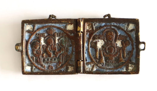 5625 | Antiques, Orthodox, Russian Bronze icon diptich: Old Testament Trinity and Sign Mother of God with three colors of enamel.