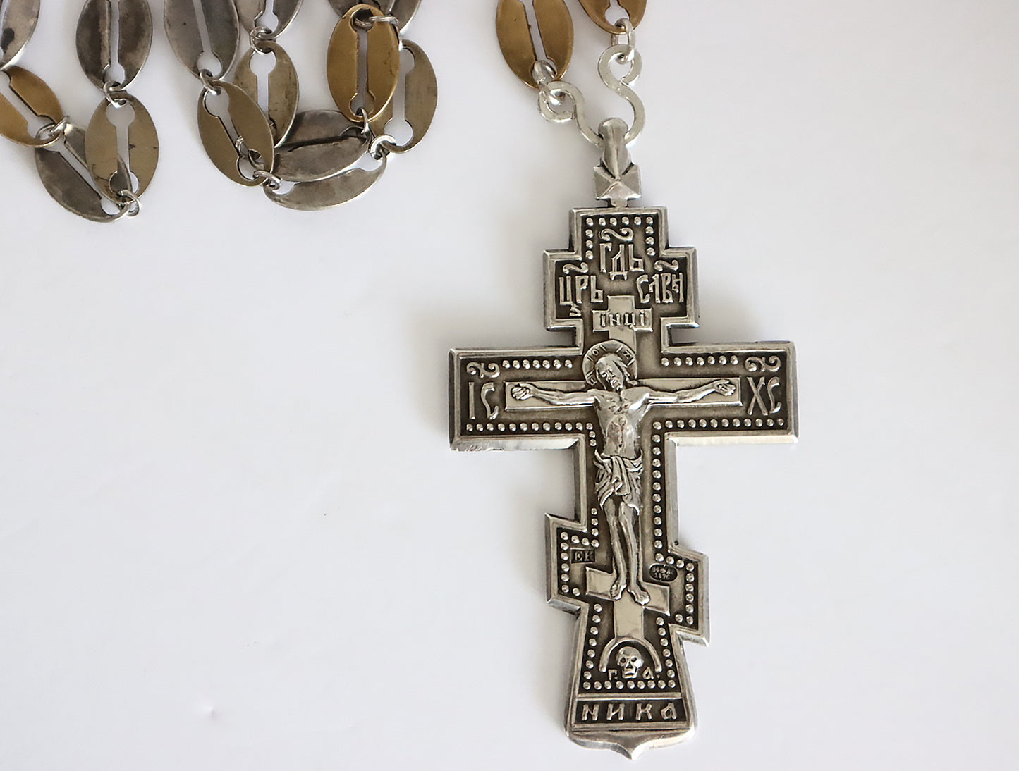 5665 | Antiques Russian Orthodox Silver Priest Cross with silver chain