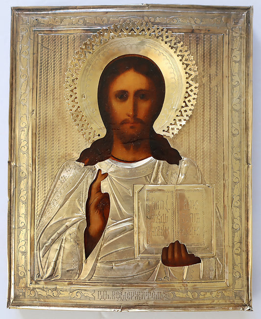 Christian, Orthodox, Russian icon: CHRISTUS PANTOKRATOR with silver gilded oklad | 5704 |