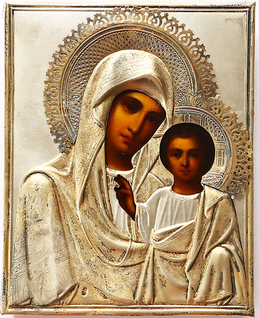Antiques, Orthodox Russian icon: KAZAN MOTHER OF GOD with silver cover. | 5852 |
