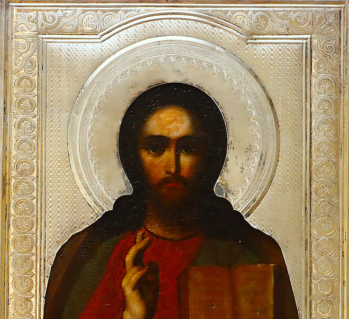 Antiques, Orthodox Russian icon: CHRIST PANTOKRATOR with silver cover. | 5855 |