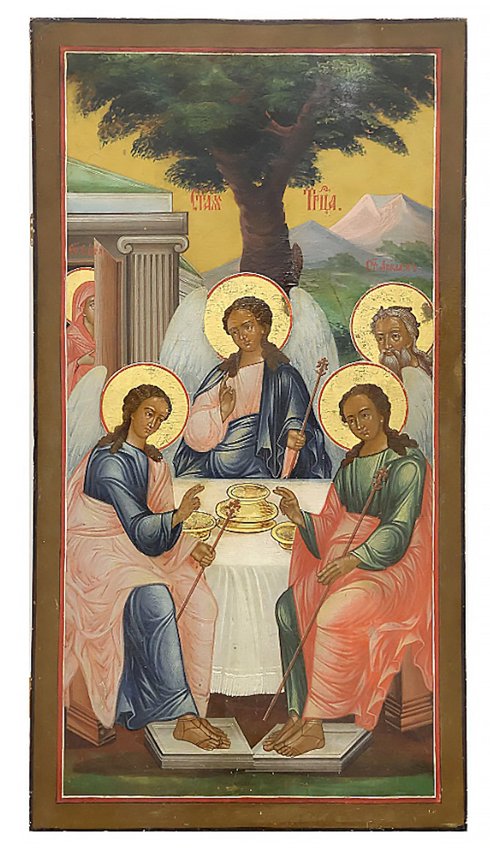 RUSSIAN ORTHODOX PAINTED RELIGIOUS ICON ON PANEL, OLD TESTAMENT TRINITY | 5860 |