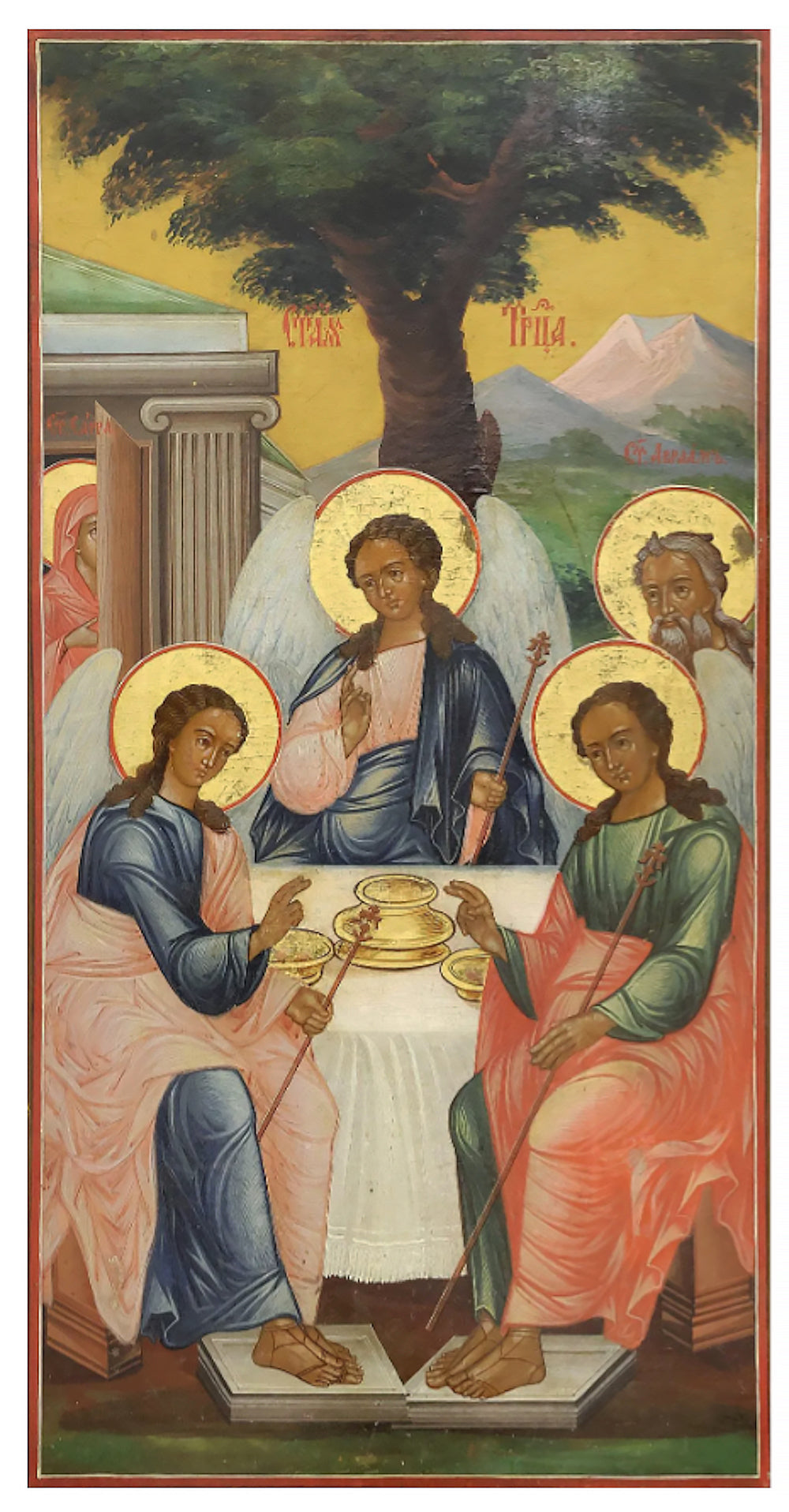 RUSSIAN ORTHODOX PAINTED RELIGIOUS ICON ON PANEL, OLD TESTAMENT TRINITY | 5860 |