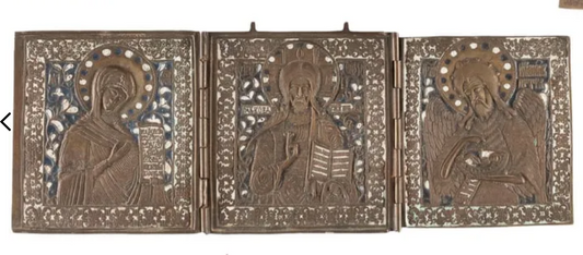 5476 | Antiques, Orthodox, Russian Bronze icon: Triptich Diesis with enamel.