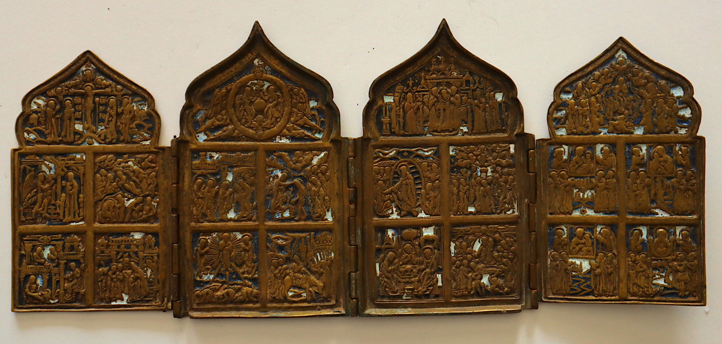 4574 | Antique, 19th century, Orthodox RUSSIAN BRONZE ICON OF QUADIPTYCH