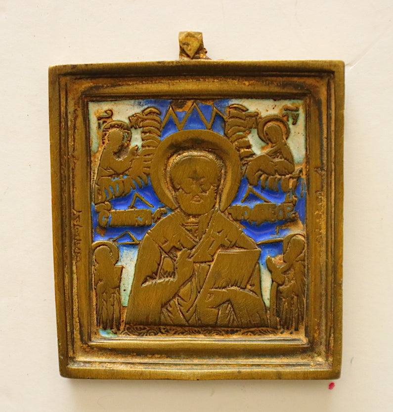 4644 | Antique, 19th century, Orthodox Russian Bronze: ST NICHOLAS with enamel