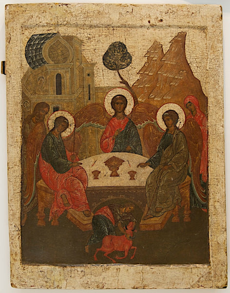 4521 | Antique, 16th century, Orthodox Russian Icon of the Old Testament Holy Trinity (the Hospitality of Abraham)